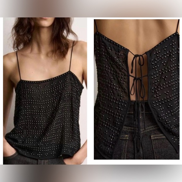 Zara Tops - ZARA Sheer Studded Lace-Up Back Camisole Top Black | Sexy Night Out Party Top M